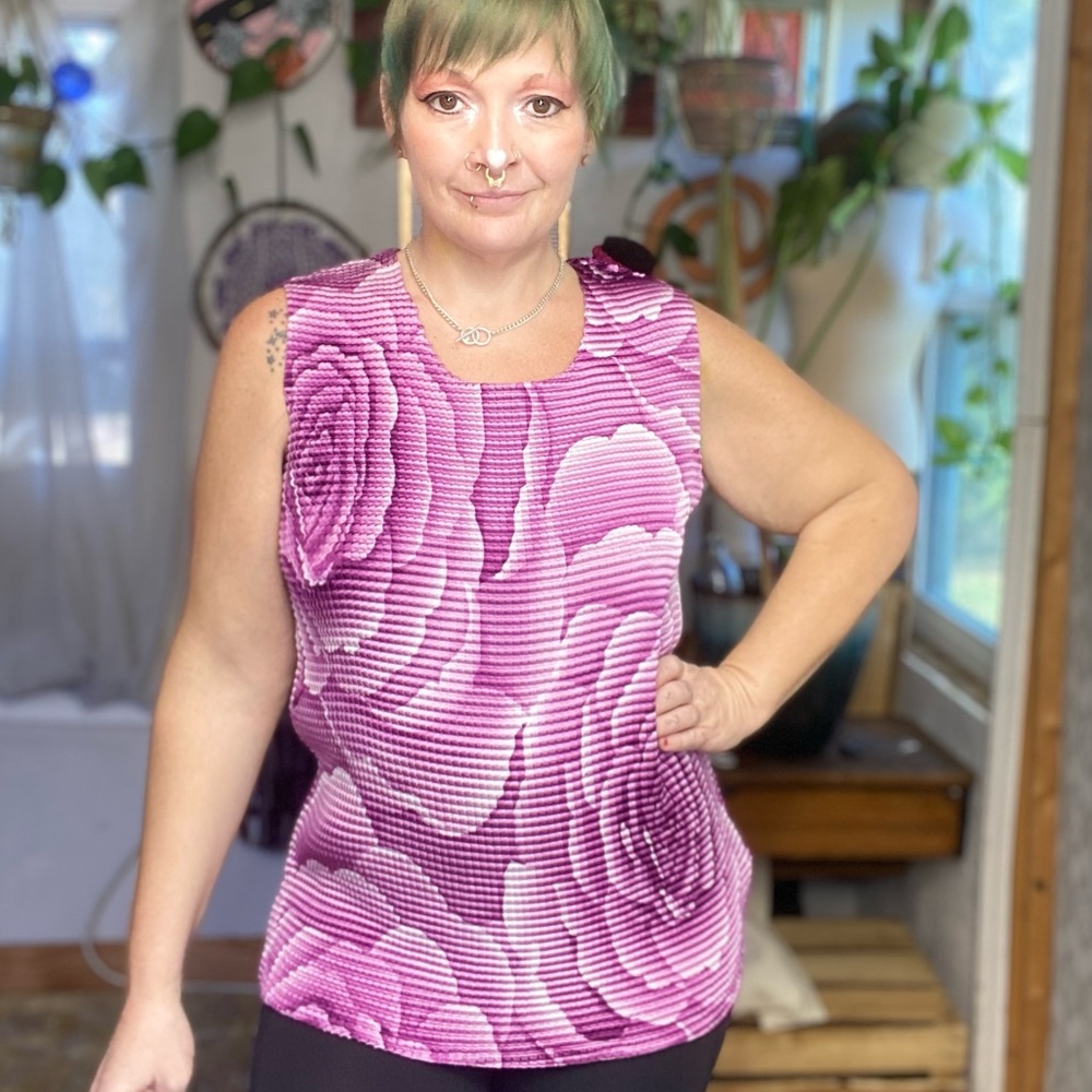 Vintage Y2K 90s Rose Floral Purple Accordion Style Blouse 1X Small Medium Large - Picture 1 of 16